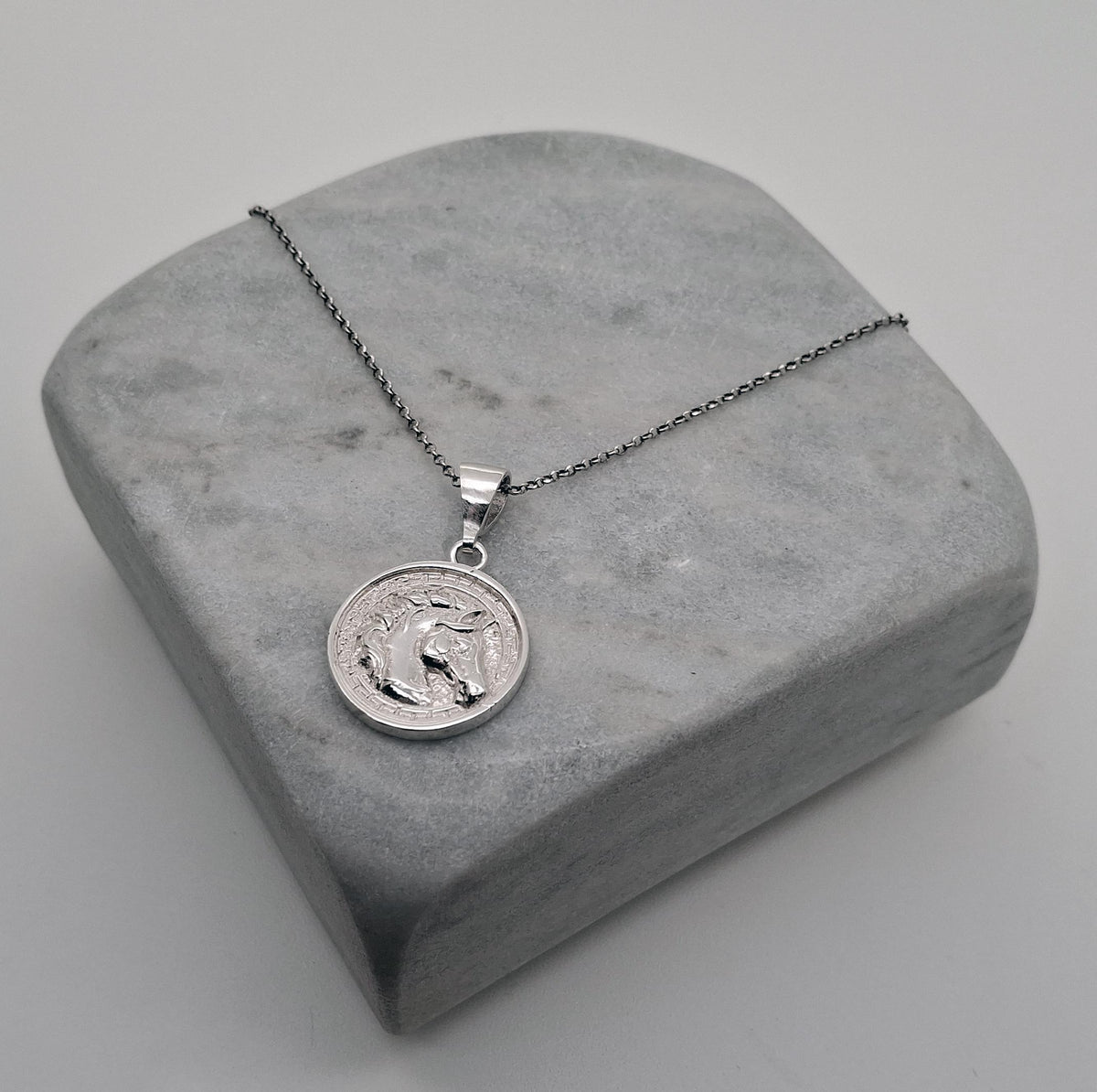 Horse Medallion Necklace | Sterling Silver Equestrian Pendant with Greek Key Border | Custom Engraved, alternate angle