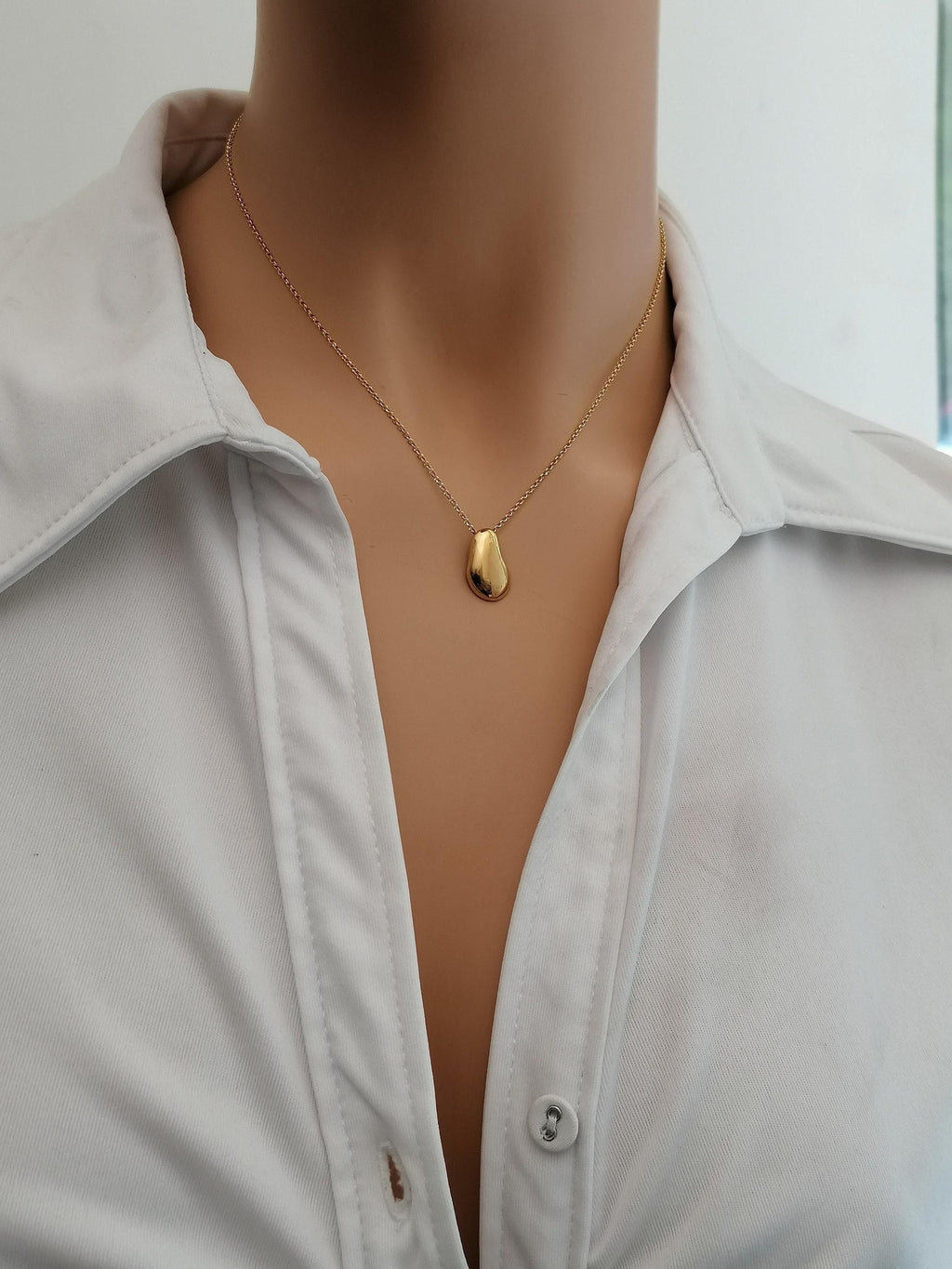 Solid Gold Pebble Necklace | Dainty Organic Fluid Charm | Minimalist River Stone Pendant, styled view