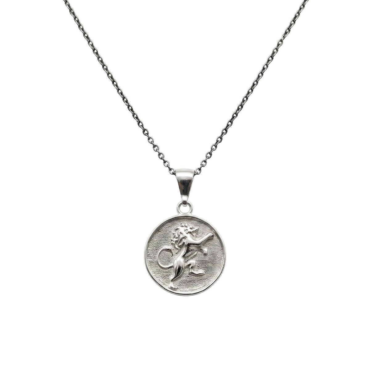 Lion Medallion Necklace | Rampant Emblem Talisman, in White Gold Plated finish
