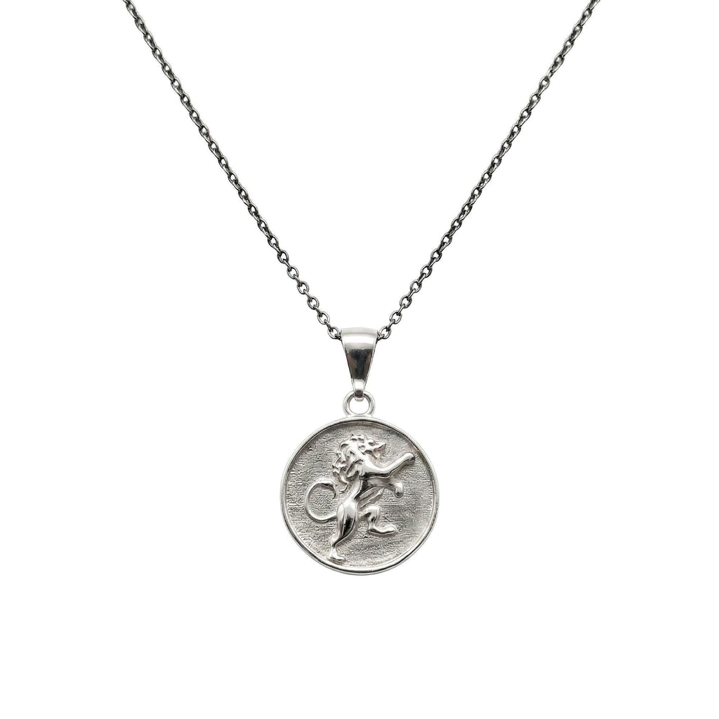 Rampant Lion Medallion necklace in sterling silver, heraldic lion pendant on chain
