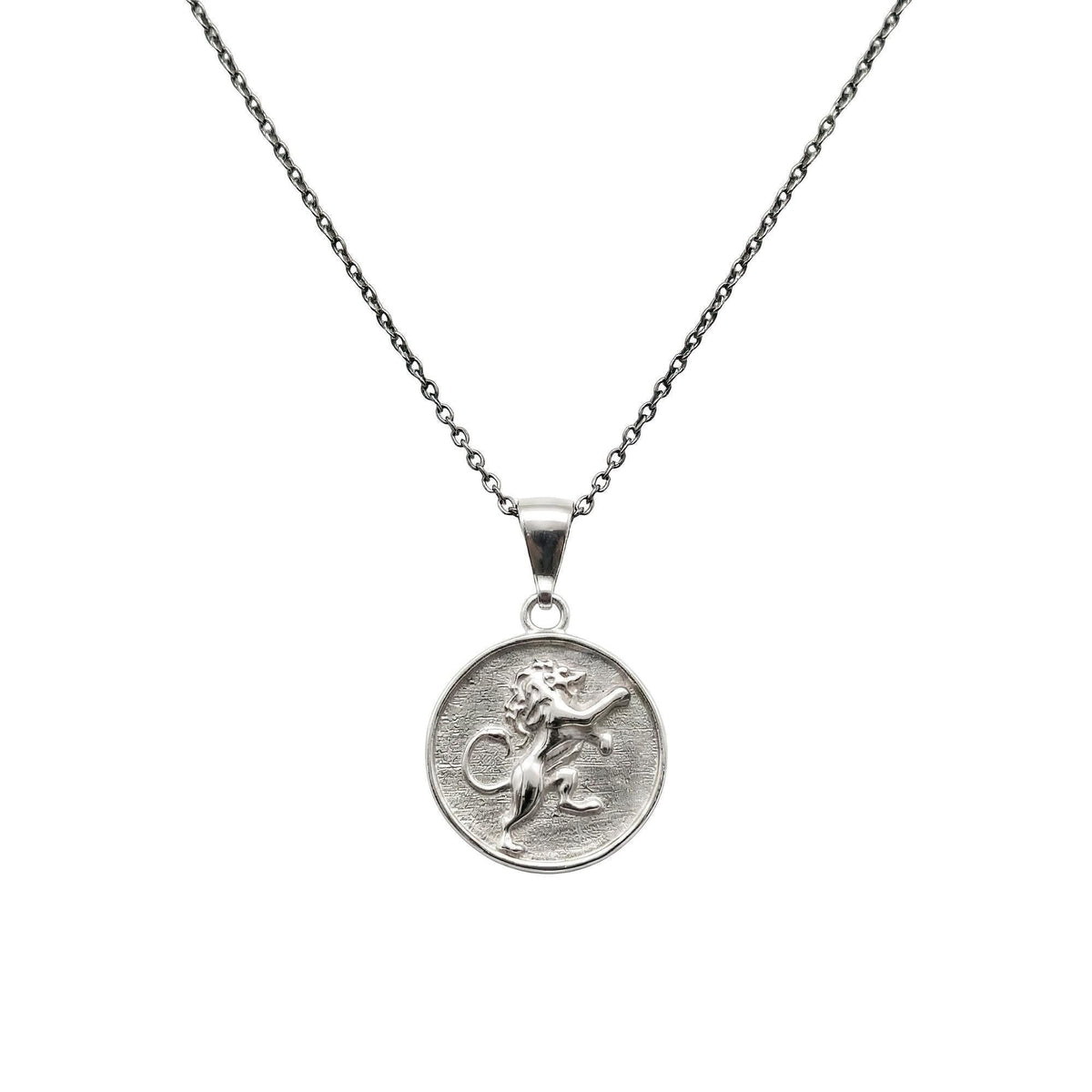 Rampant Lion Medallion necklace in sterling silver, heraldic lion pendant on chain
