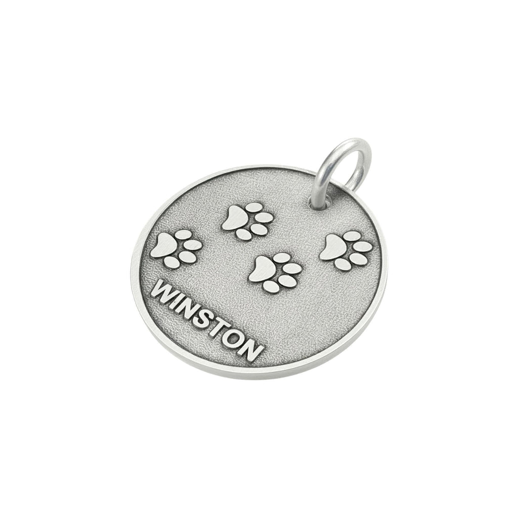 Paw Print Dog Tag | Custom Engraved Sterling Silver Pet ID | Heavy Duty Collar Charm, alternate angle