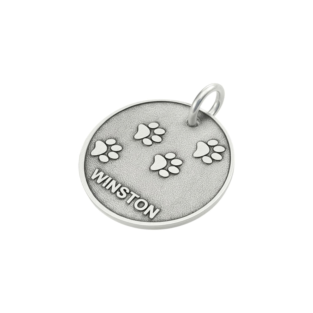 Paw Print Dog Tag | Custom Engraved Sterling Silver Pet ID | Heavy Duty Collar Charm, alternate angle
