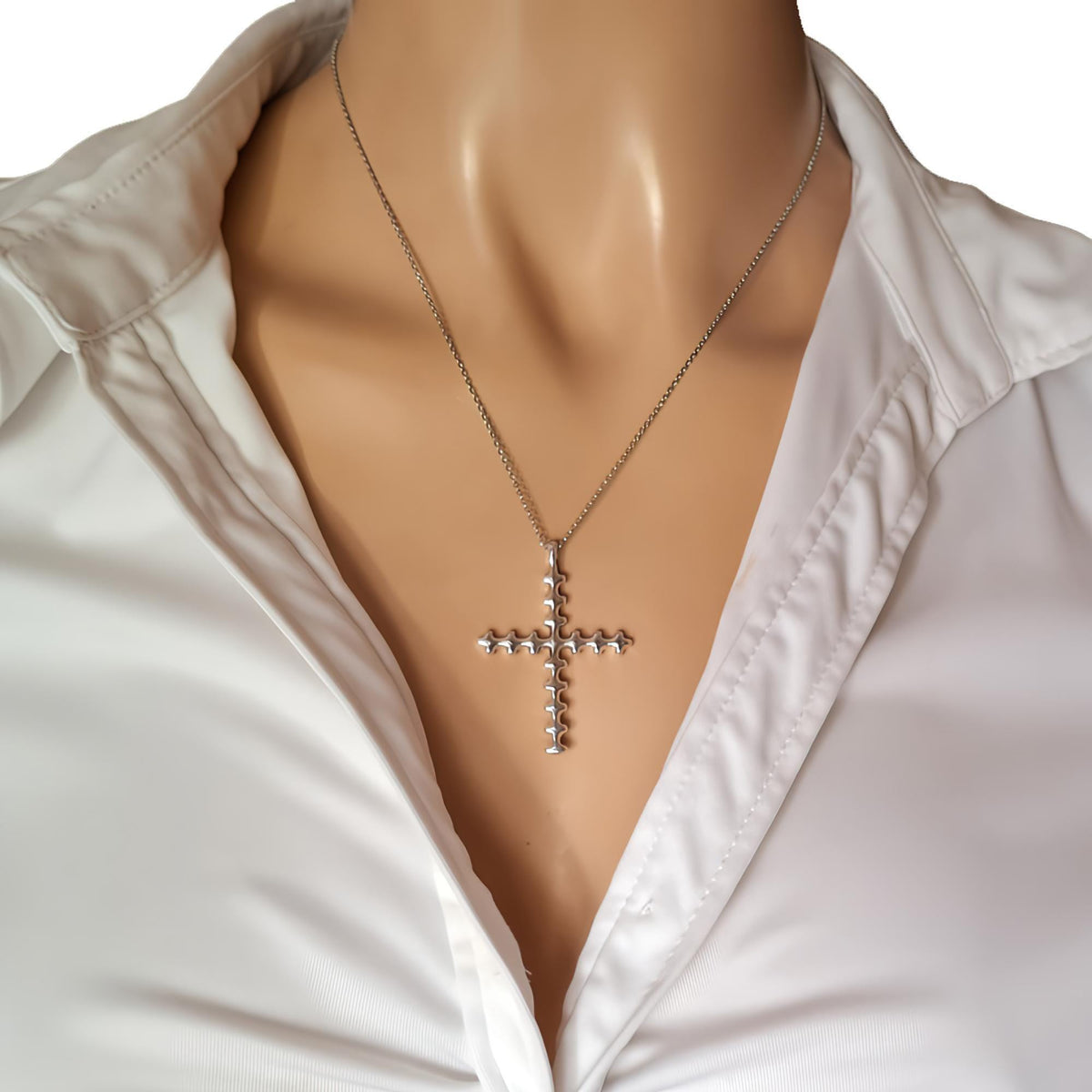Bone Cross Necklace | Sterling Silver Gothic Spinal Pendant | Anatomical Memento Mori Jewelry, styled view