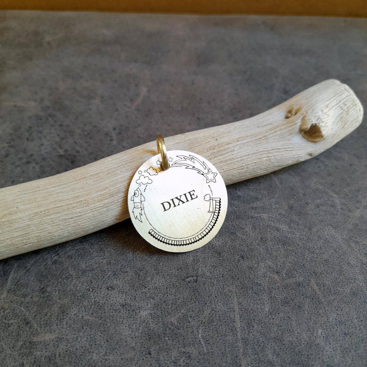 The Celestial Comet Token | Artisan Shooting Star Pet ID & Custom Engraved Dog Tag, close-up detail