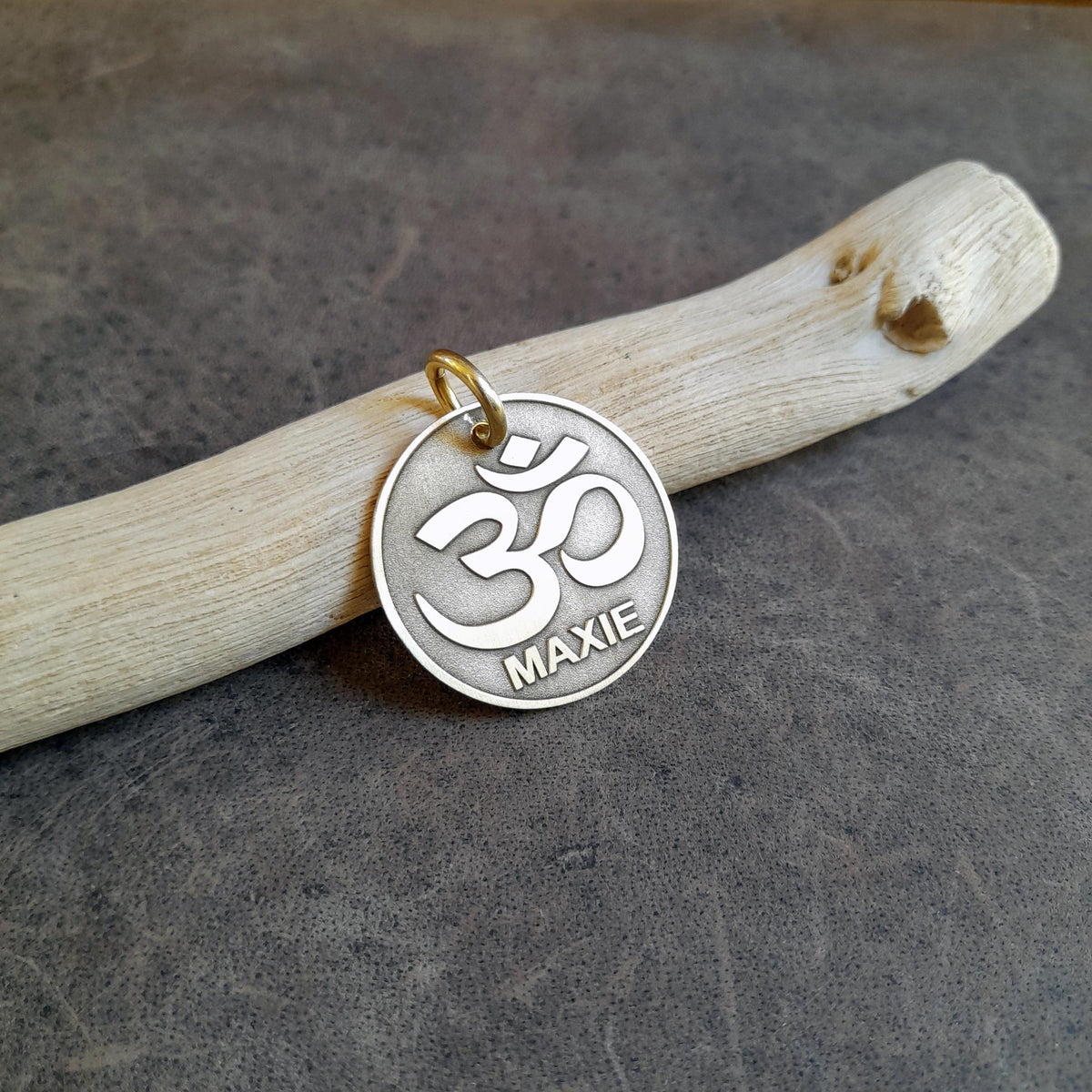 The Zen Harmony Token | Artisan Om Symbol Pet ID & Custom Engraved Dog Tag, close-up detail