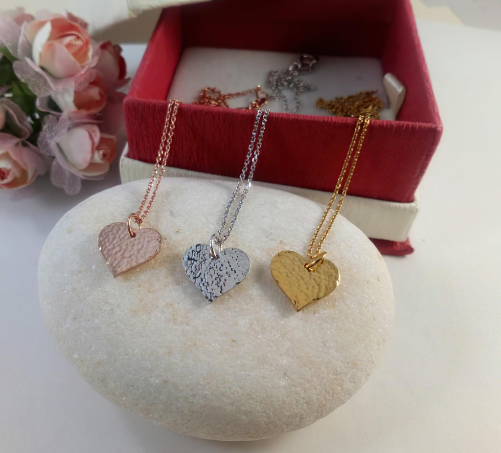 Hammered Heart Necklace | Textured Sterling Silver Pendant | Dainty Romantic Love Charm, alternate angle