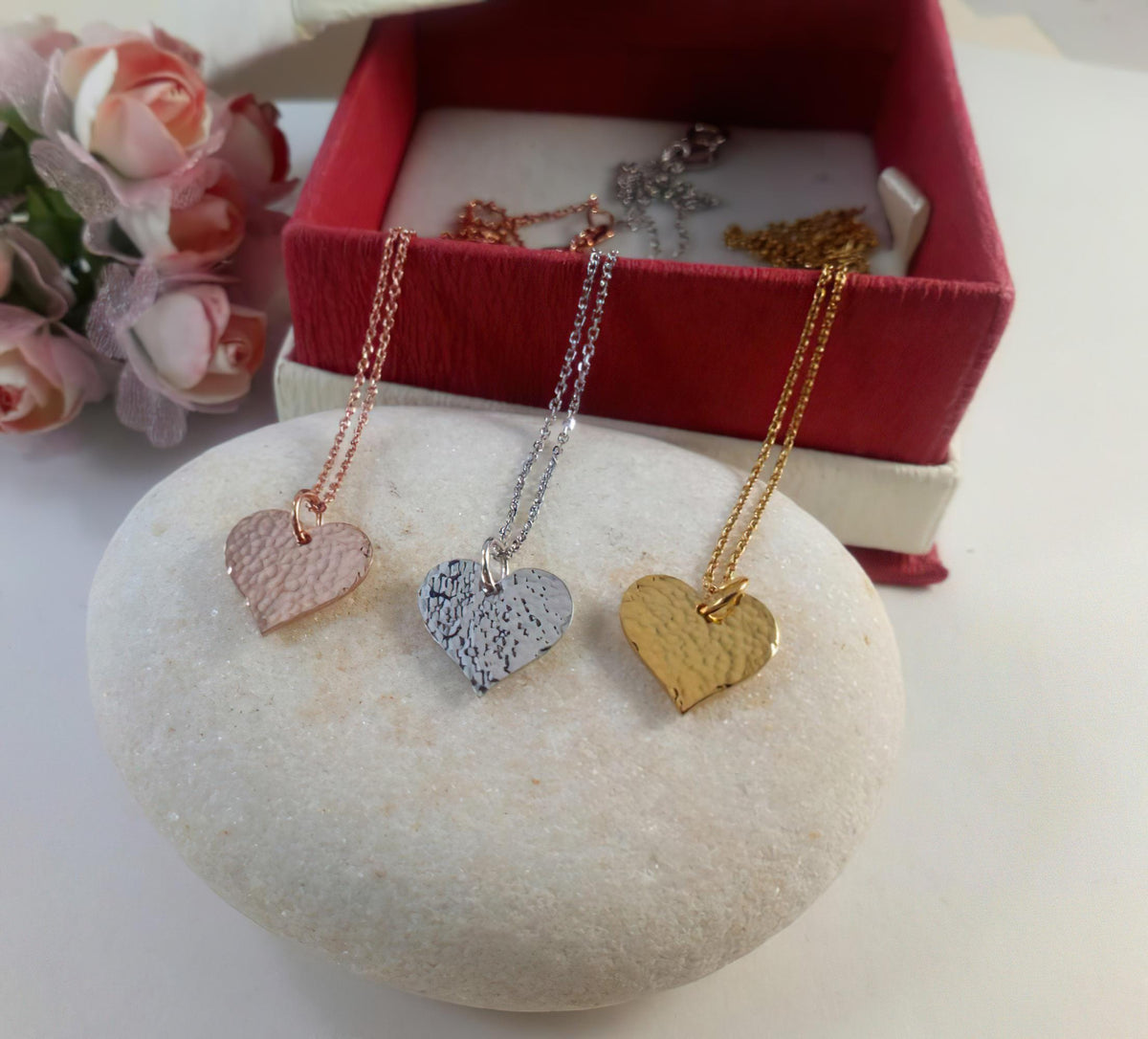 Hammered Heart Necklace | Textured Sterling Silver Pendant | Dainty Romantic Love Charm, alternate angle