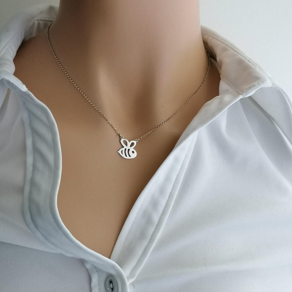Queen Bee Necklace, Sterling Silver Gold Plated Charm (Dainty, Minimalist), front view