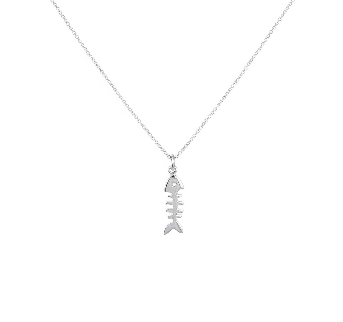 Fishbone Charm Necklace | Playful Nautical Talisman, in White Gold Plated finish