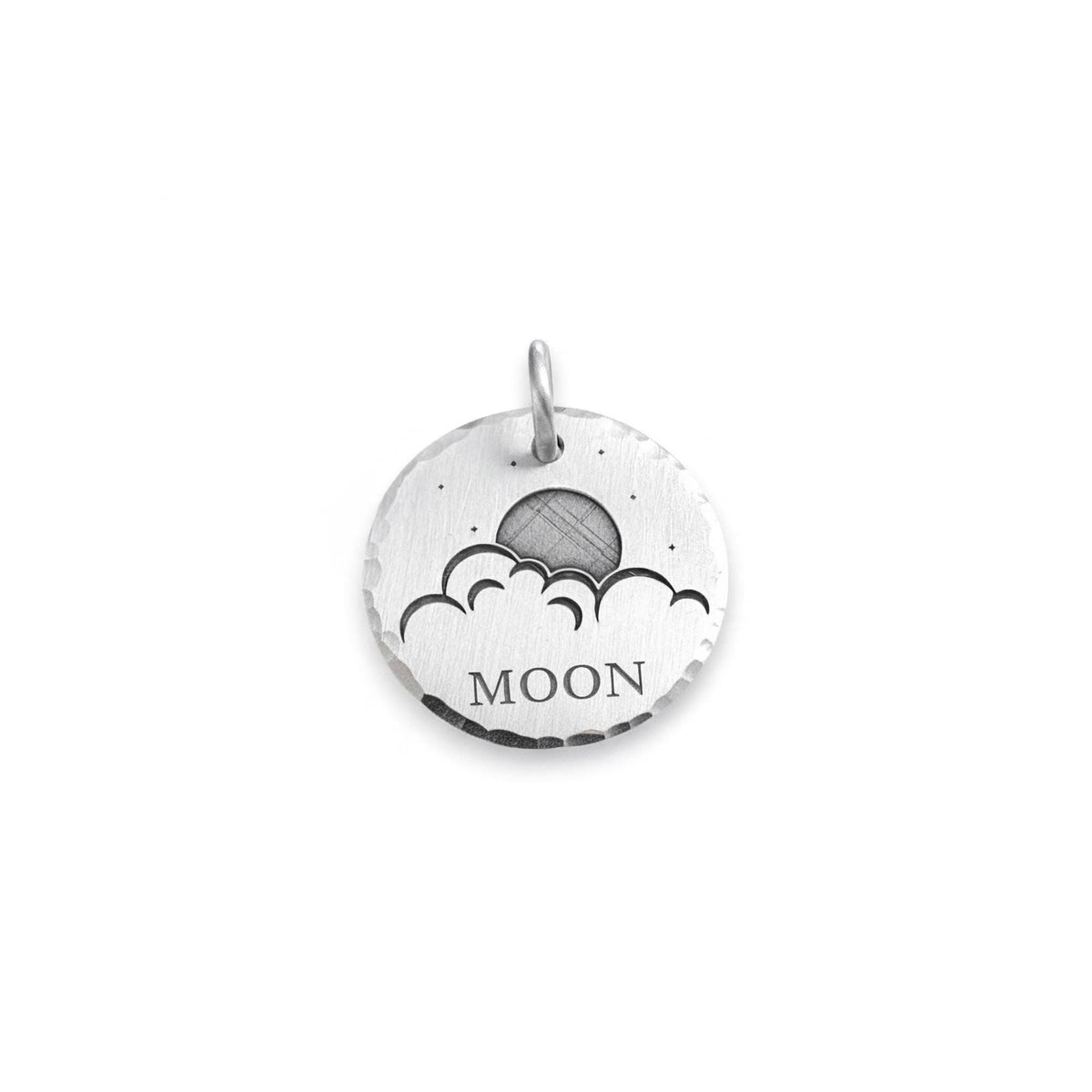 Celestial Dog Tag | Custom Sterling Silver Moon & Clouds Pet ID Tag | Night Sky Pet Charm, front view