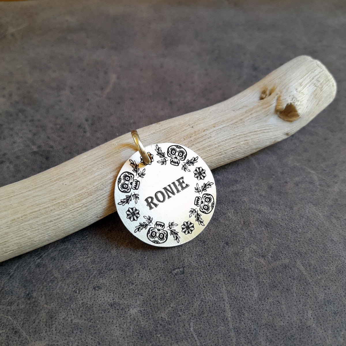 The Calavera Wreath Token | Artisan Floral Sugar Skull Pet ID & Custom Engraved Dog Tag, close-up detail