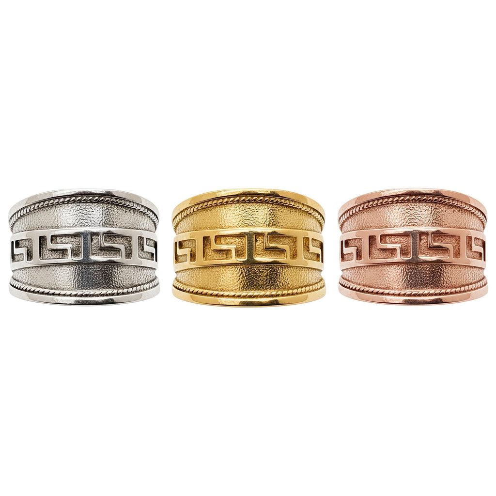 Greek Key Ring | Bold Wide Sterling Silver Greca Band | Unisex Meander Talisman, styled view
