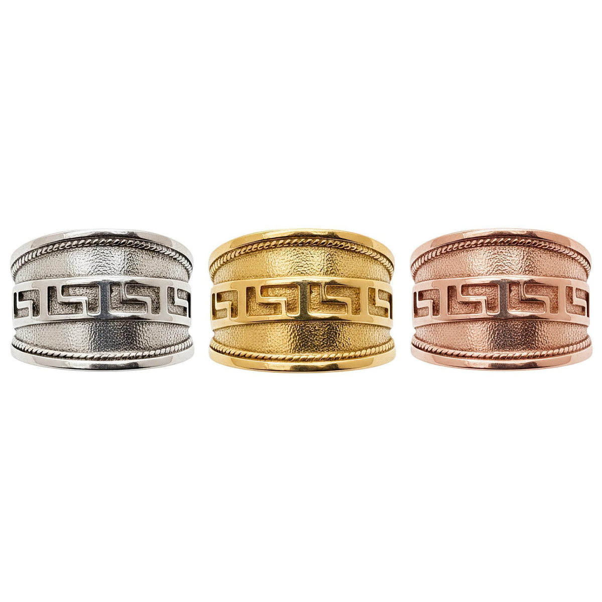 Greek Key Ring | Bold Wide Sterling Silver Greca Band | Unisex Meander Talisman, styled view