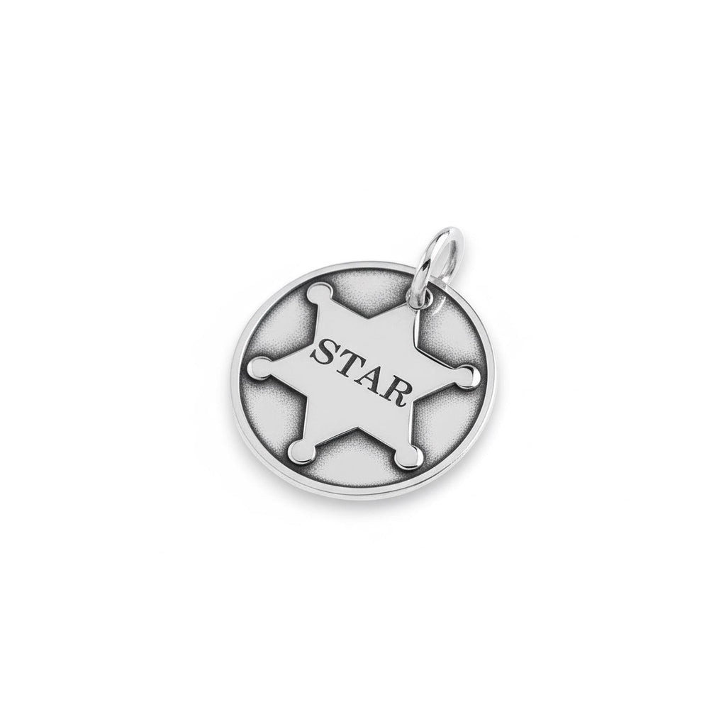 Sheriff Dog Tag | Sterling Silver Custom Star Badge Pet ID Tag | Western Engraved Dog Tag, close-up detail