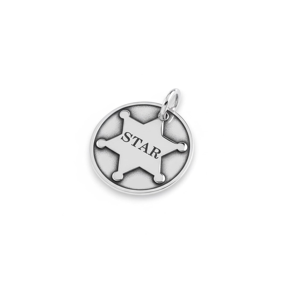 Sheriff Dog Tag | Sterling Silver Custom Star Badge Pet ID Tag | Western Engraved Dog Tag, close-up detail