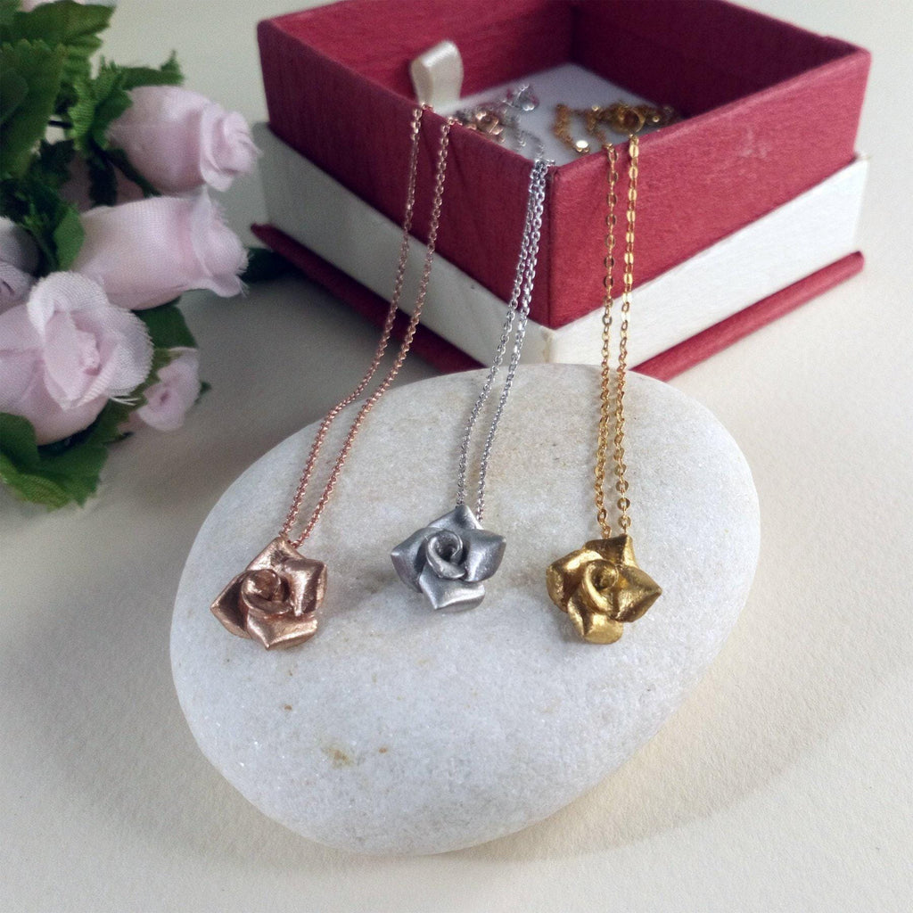 Rose Necklace Pendant | 3D Sculpted Silver Flower | Dainty Botanical Jewelry, close-up detail