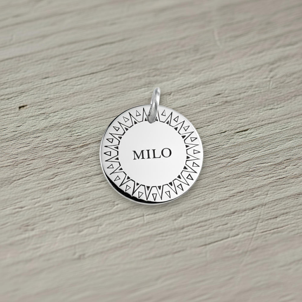 Silver Sun Dog Tag | Custom Geometric Pet ID Collar Charm, additional detail