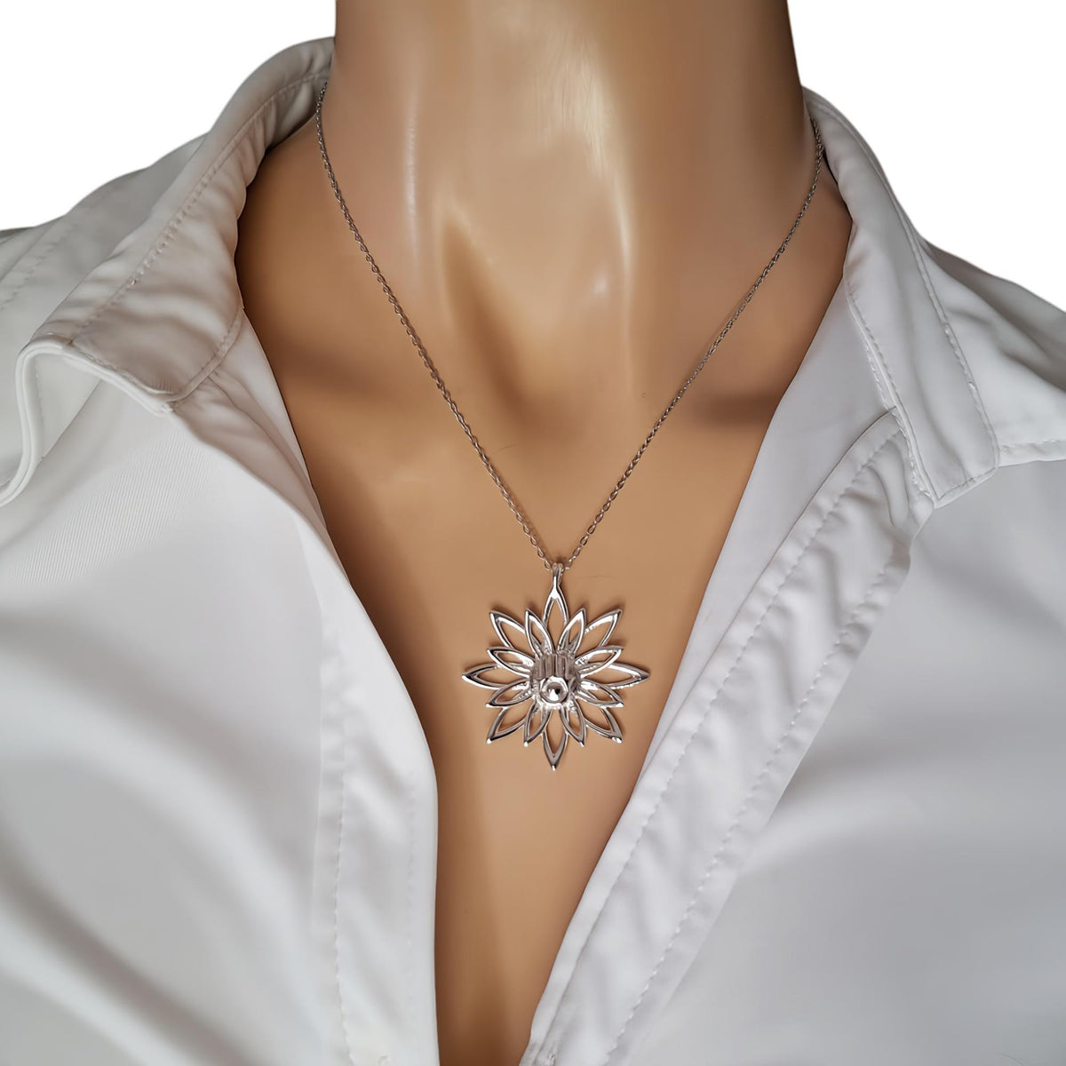 Blooming Hamsa Hand Necklace | Sterling Silver Lotus Protection Charm | Hand of Miriam Talisman, close-up detail