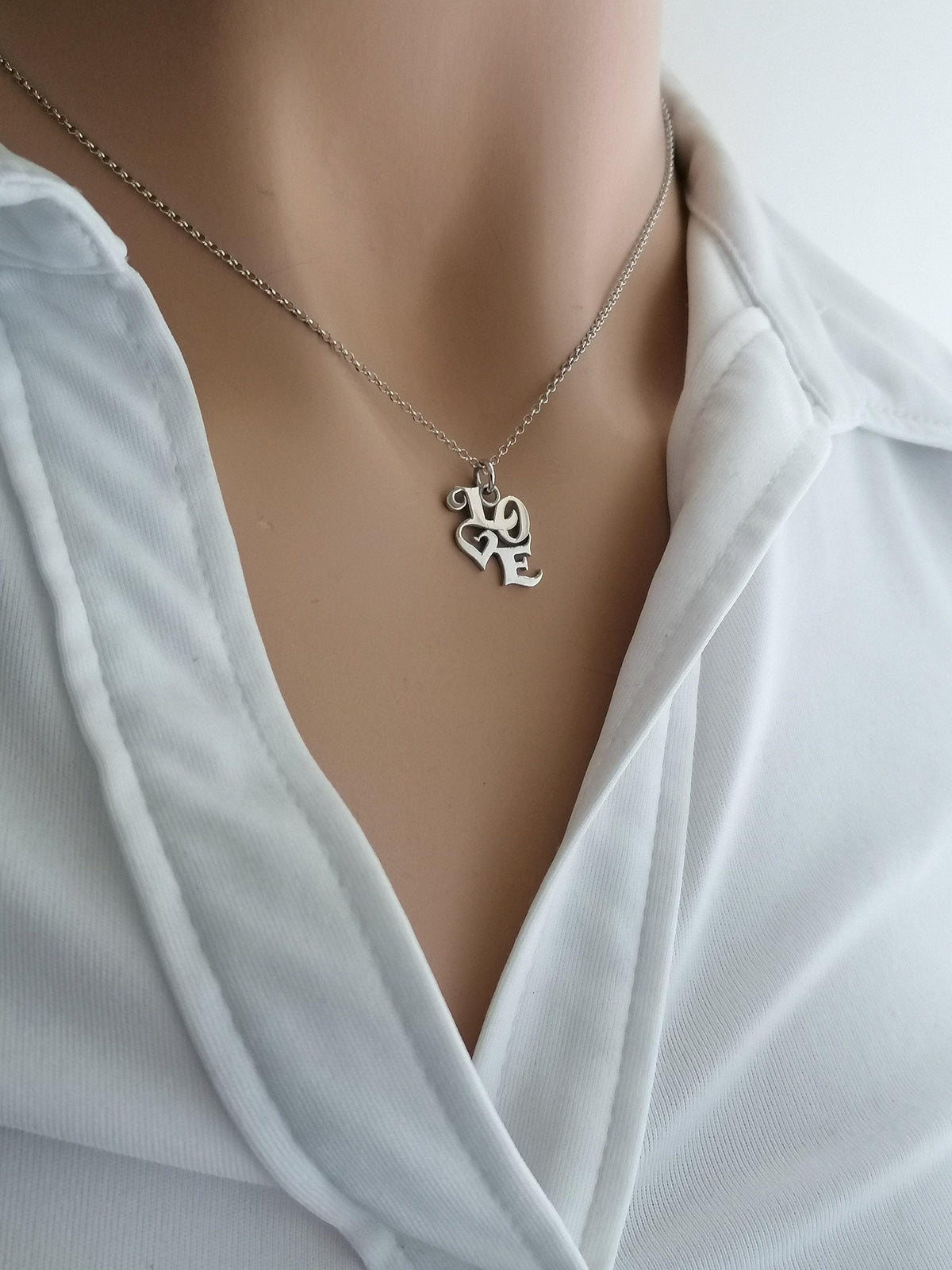 LOVE Script Necklace | Romantic Sentiment Talisman, close-up detail