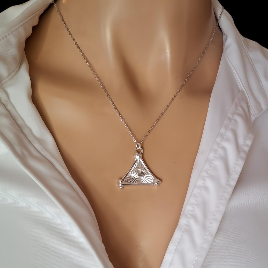 All-Seeing Eye Pendant Necklace | Sterling Silver Bone Pyramid Talisman | Esoteric Eye of Providence, styled view