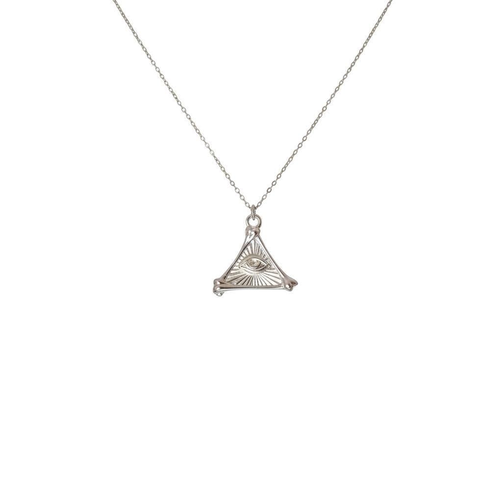All-Seeing Eye Pendant Necklace | Sterling Silver Bone Pyramid Talisman | Esoteric Eye of Providence, front view