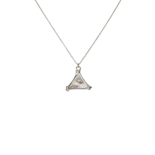 All-Seeing Eye Pendant Necklace | Sterling Silver Bone Pyramid Talisman | Esoteric Eye of Providence, front view