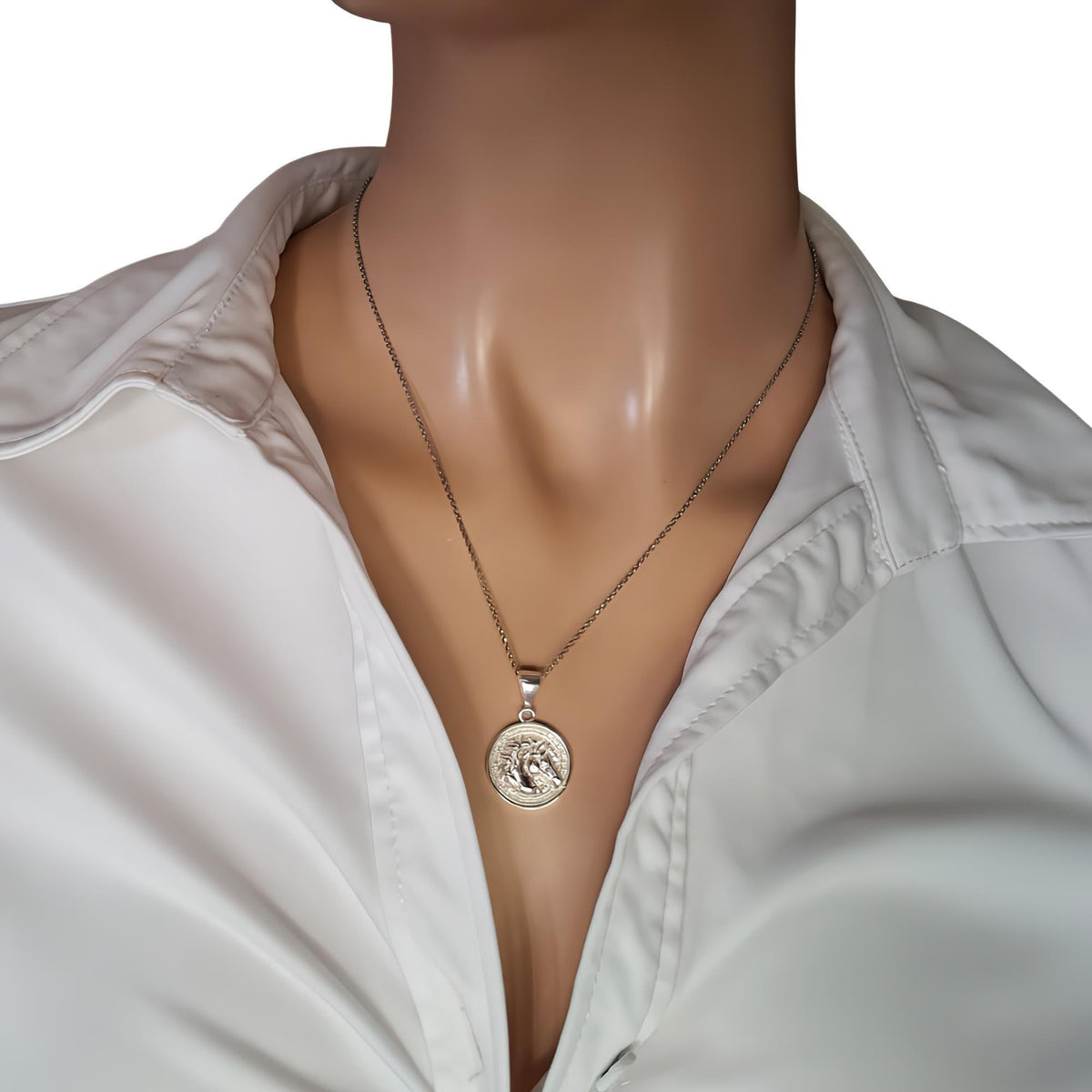 Horse Medallion Necklace | Sterling Silver Equestrian Pendant with Greek Key Border | Custom Engraved, styled view