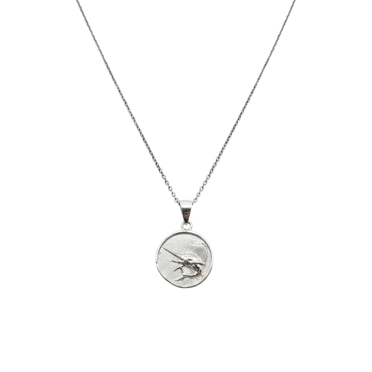 Sailfish Charm Necklace | Sterling Silver Ocean Medallion | Coastal Marlin Swordfish Pendant | Custom Engraved, in White Gold Plated finish