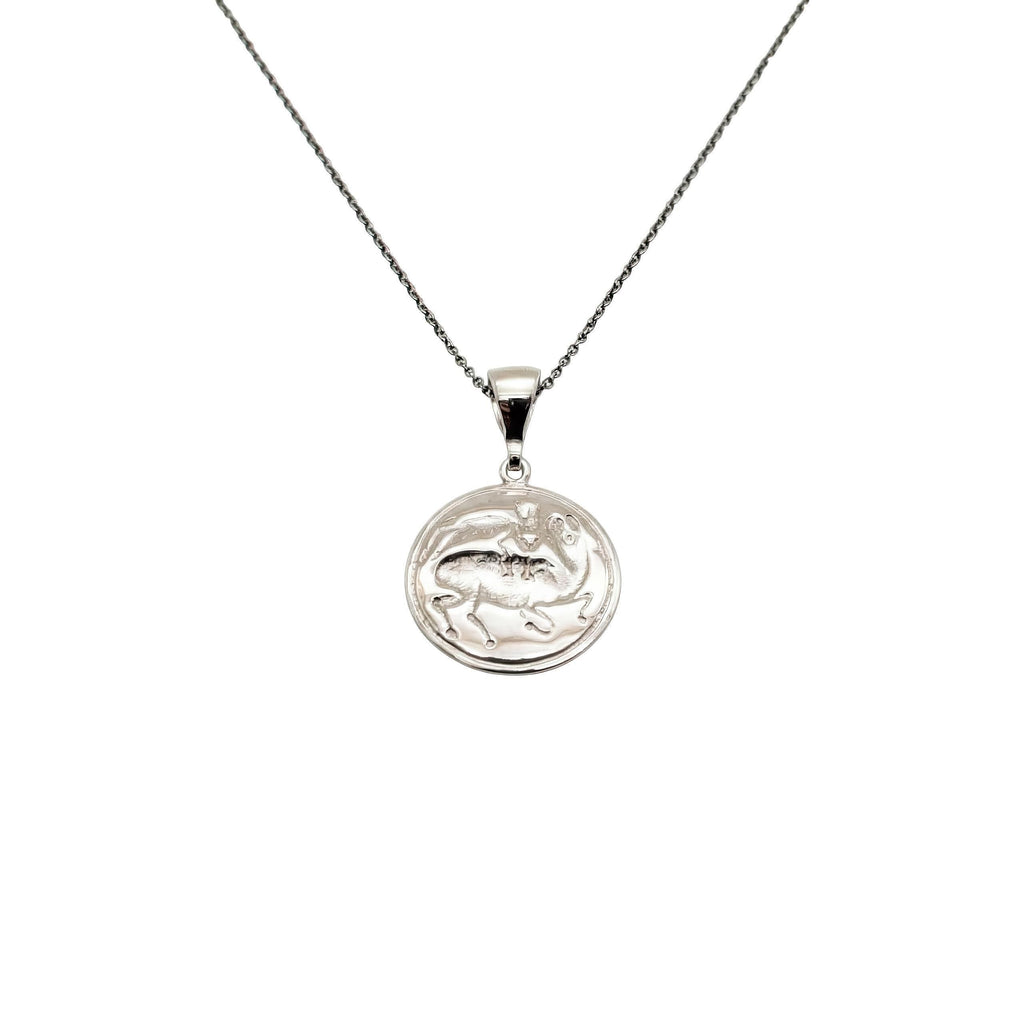 Bull Leaping Necklace: Minoan Coin Pendant Gold Plated Silver, front view