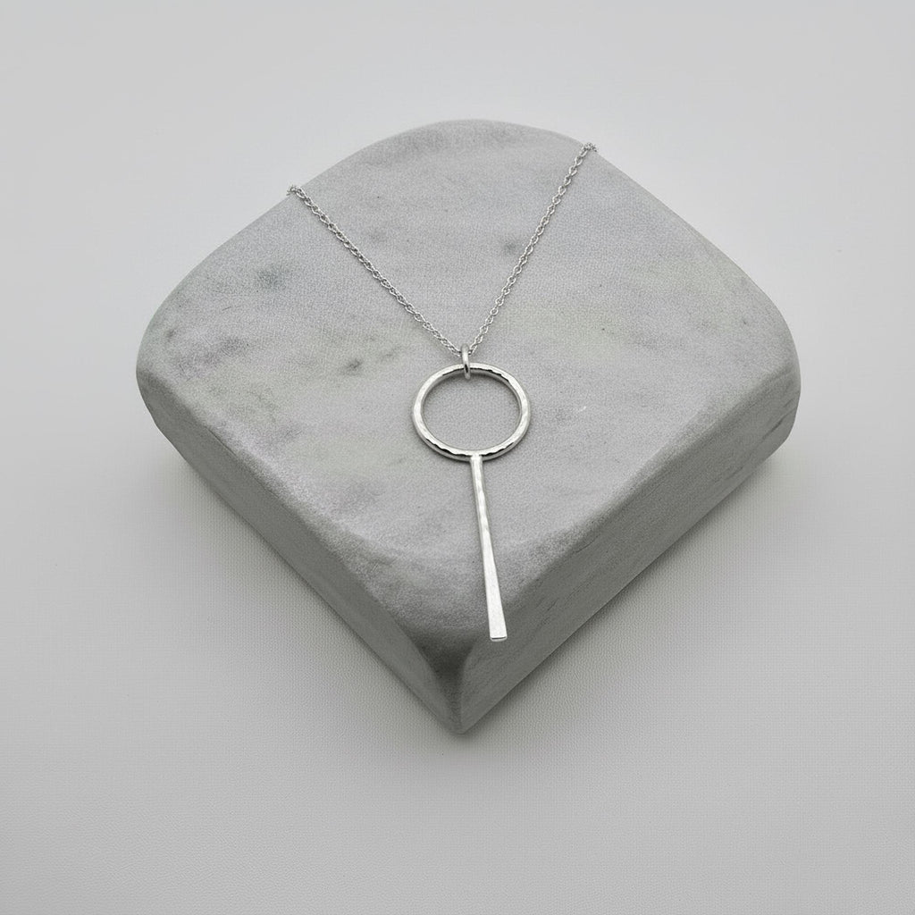 Hammered Circle and Bar Lariat Necklace | Sterling Silver Y-Necklace | Geometric Boho Luxe Jewelry, front view
