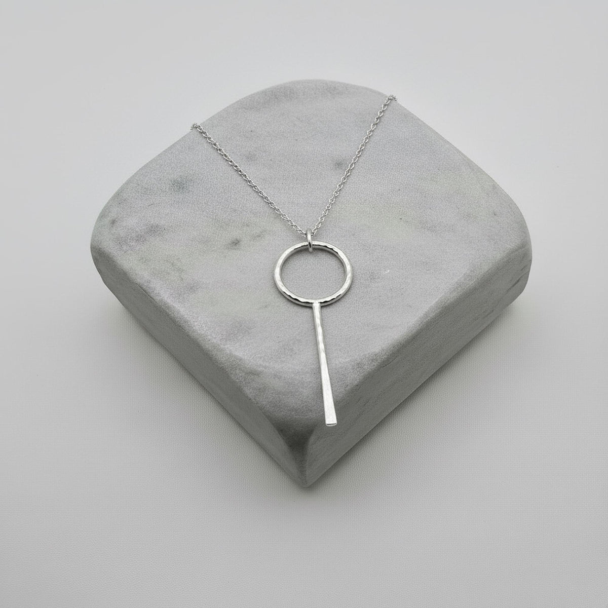 Hammered Circle and Bar Lariat Necklace | Sterling Silver Y-Necklace | Geometric Boho Luxe Jewelry, front view