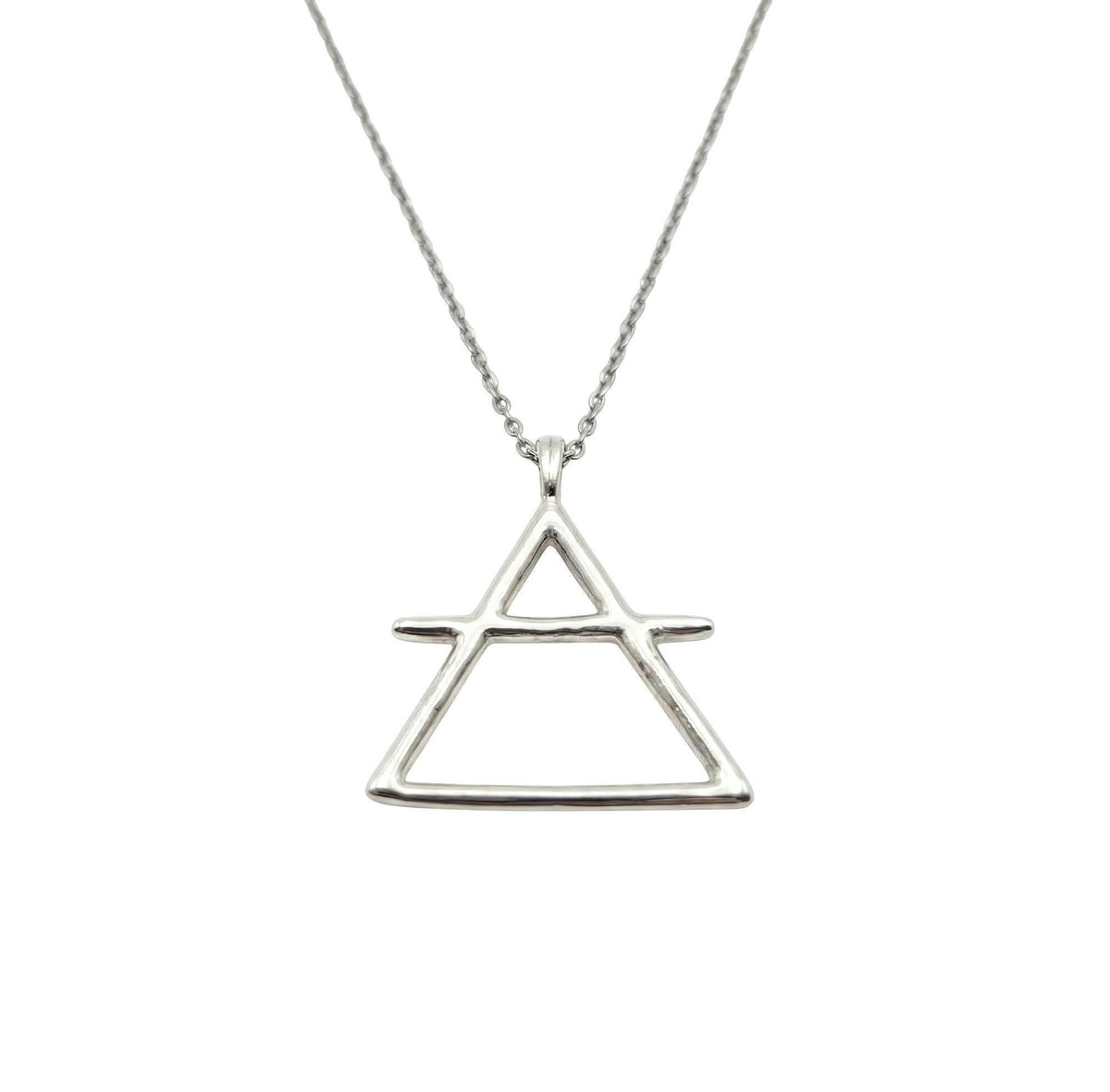 Air Element Necklace in white gold plated finish, alchemical triangle talisman pendant
