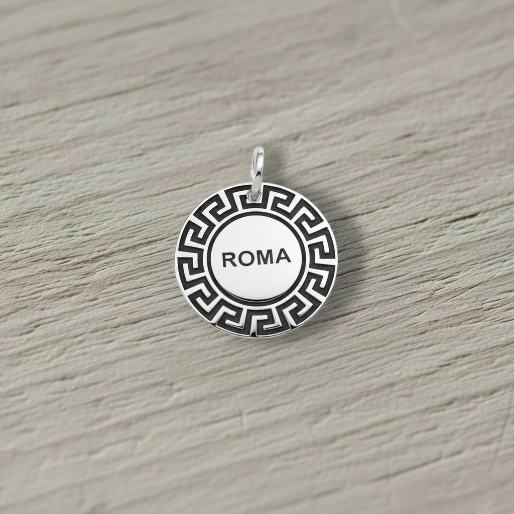 Greek Key Dog Tag | Custom Sterling Silver Meander Pet Tag | Engraved Greek ID Tag, styled view