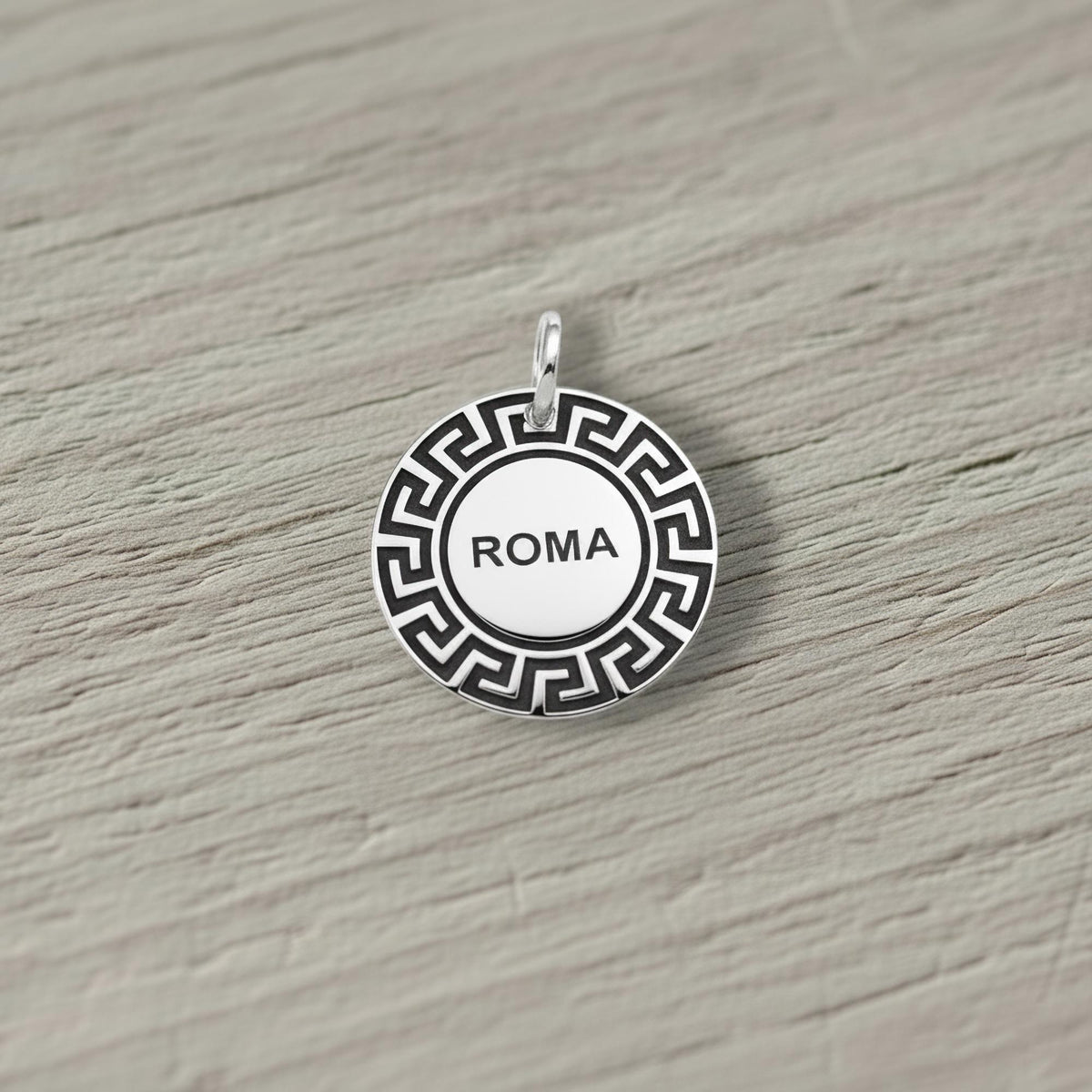 Greek Key Dog Tag | Custom Sterling Silver Meander Pet Tag | Engraved Greek ID Tag, styled view