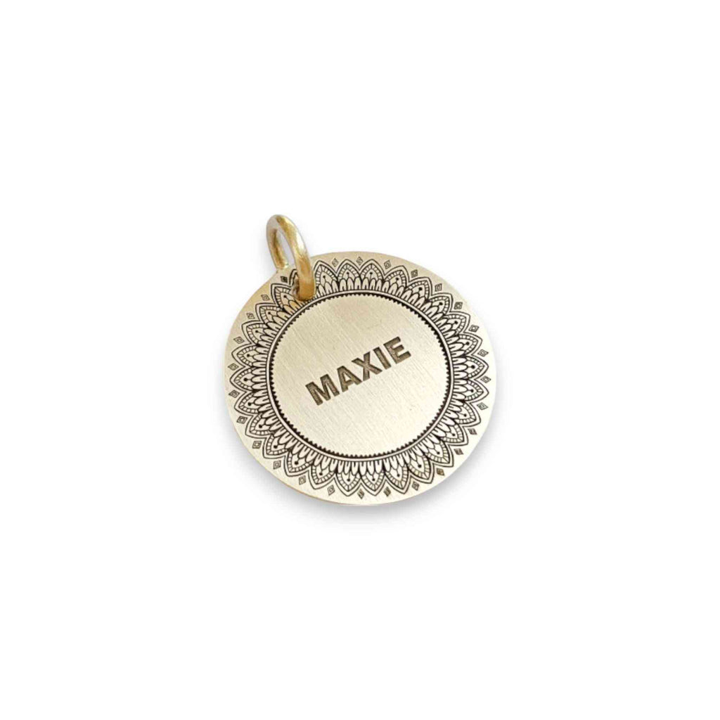 The Daisy Mandala Token | Artisan Boho Pet ID & Custom Engraved Dog Tag, additional detail