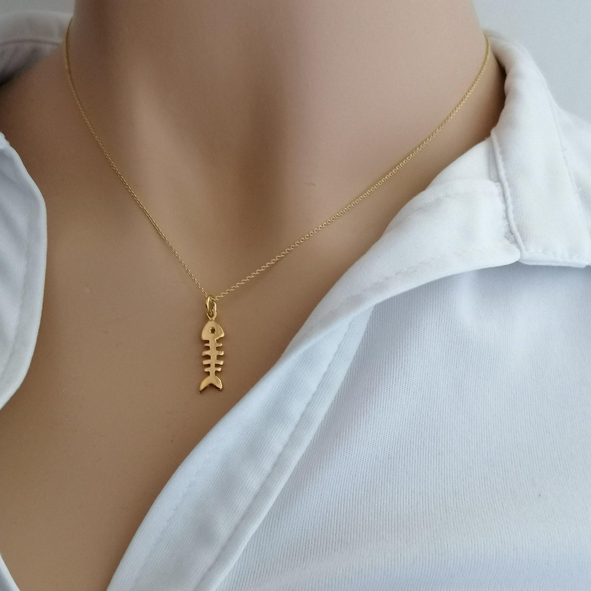 Fishbone Charm Necklace | Solid 14K Gold Nautical Talisman, close-up detail