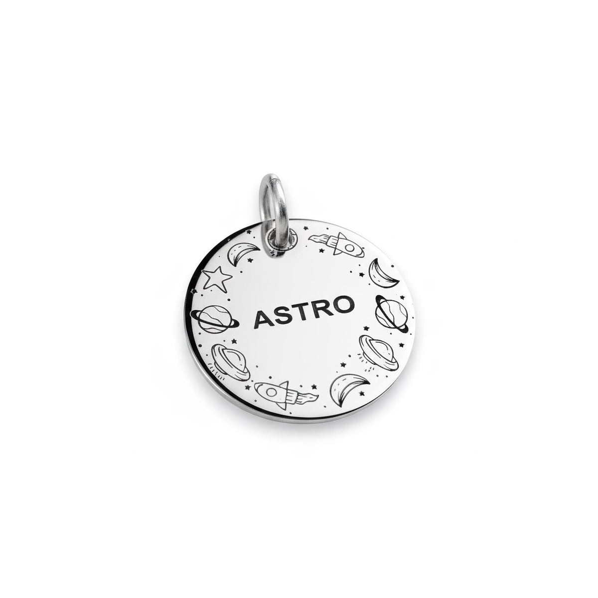 Space Lover's Dog Tag | Custom Engraved Rocket Ship Pet ID, close-up detail