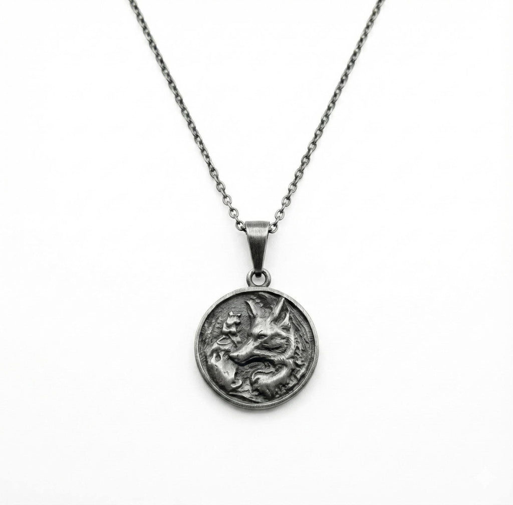Fox Medallion Necklace side view, pendant and chain detail