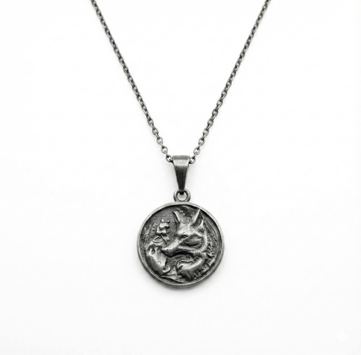 Fox Medallion Necklace side view, pendant and chain detail