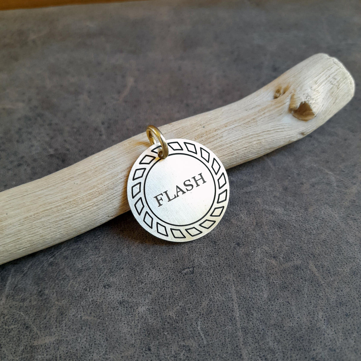 The Kinetic Token | Artisan Gear Pattern Pet ID & Custom Engraved Dog Tag, close-up detail