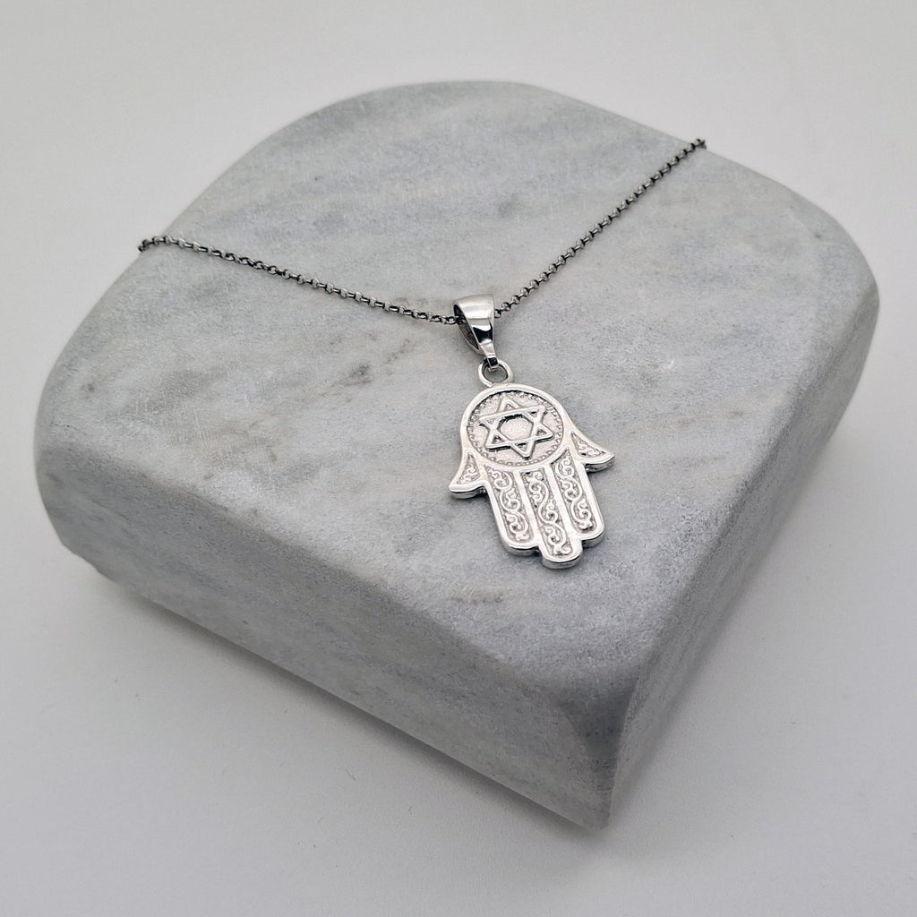 Hamsa Hand Star of David Necklace | Sterling Silver Jewish Protection Talisman | Sacred Magen David Pendant, front view