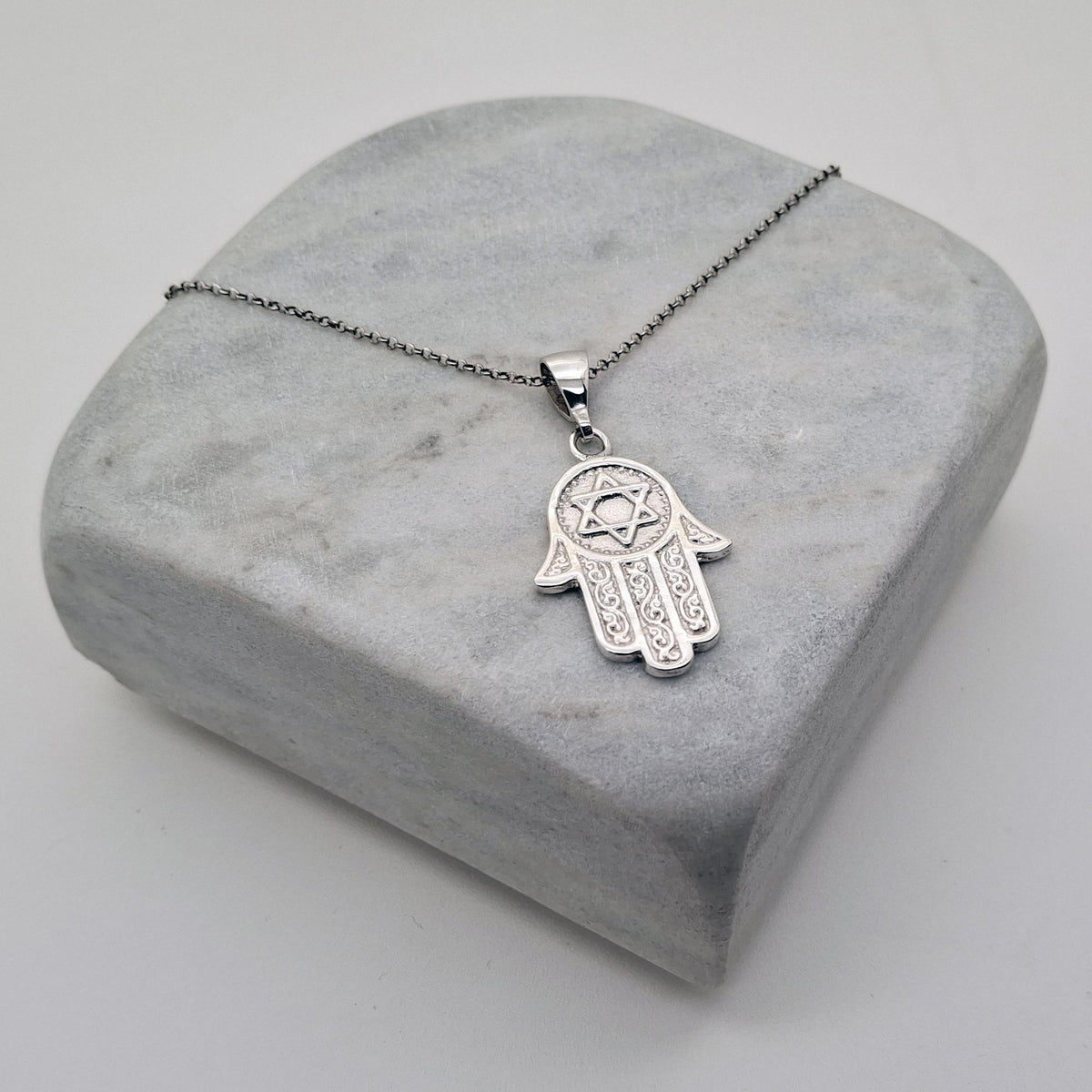 Hamsa Hand Star of David Necklace | Sterling Silver Jewish Protection Talisman | Sacred Magen David Pendant, front view