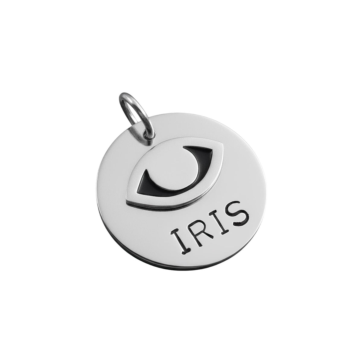 Silver pendant with 'IRIS' engraved on a white background