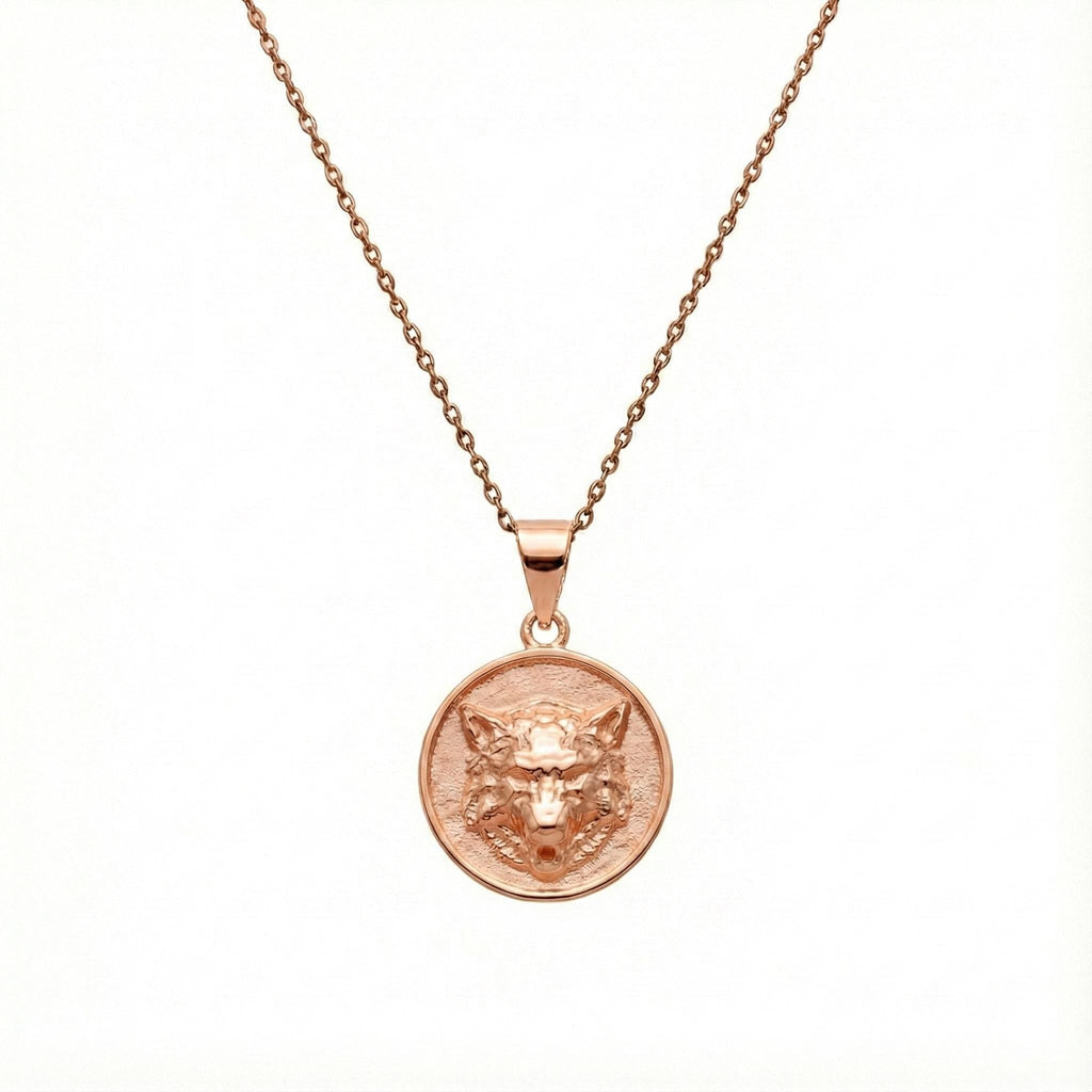 Howling Wolf Medallion necklace detail, sterling silver wolf medallion close up