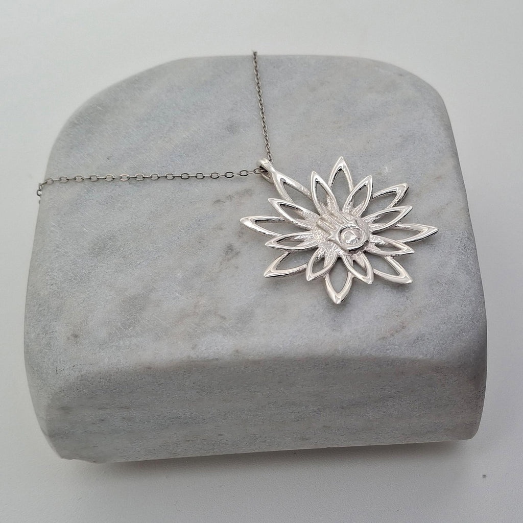 Blooming Hamsa Hand Necklace | Sterling Silver Lotus Protection Charm | Hand of Miriam Talisman, front view