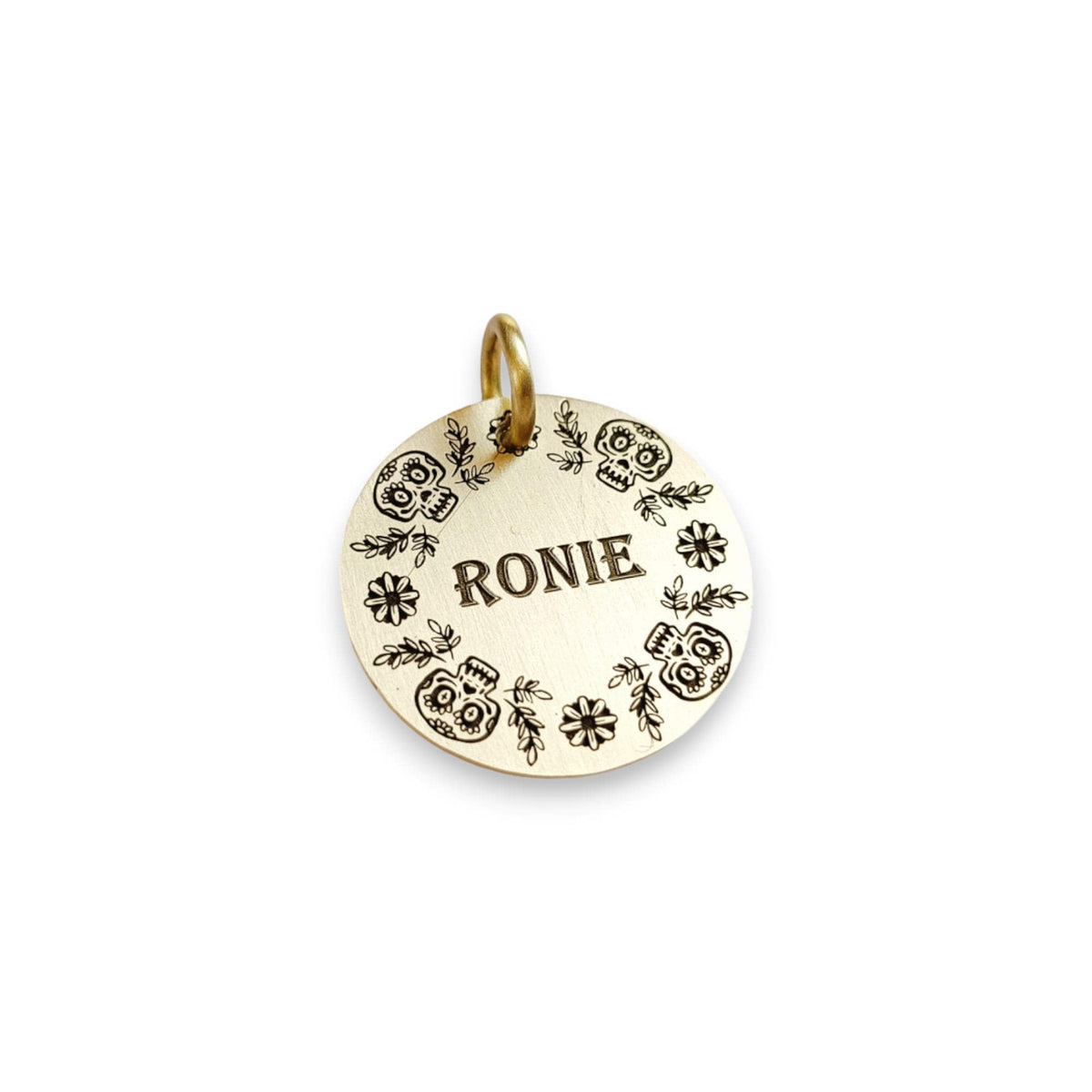 The Calavera Wreath Token | Artisan Floral Sugar Skull Pet ID & Custom Engraved Dog Tag, alternate angle