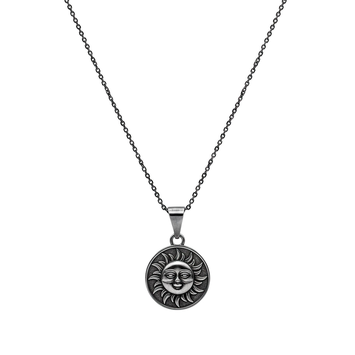 Celestial Smiling Sun Medallion | Radiant Optimism Talisman, in Oxidized Silver 925 finish