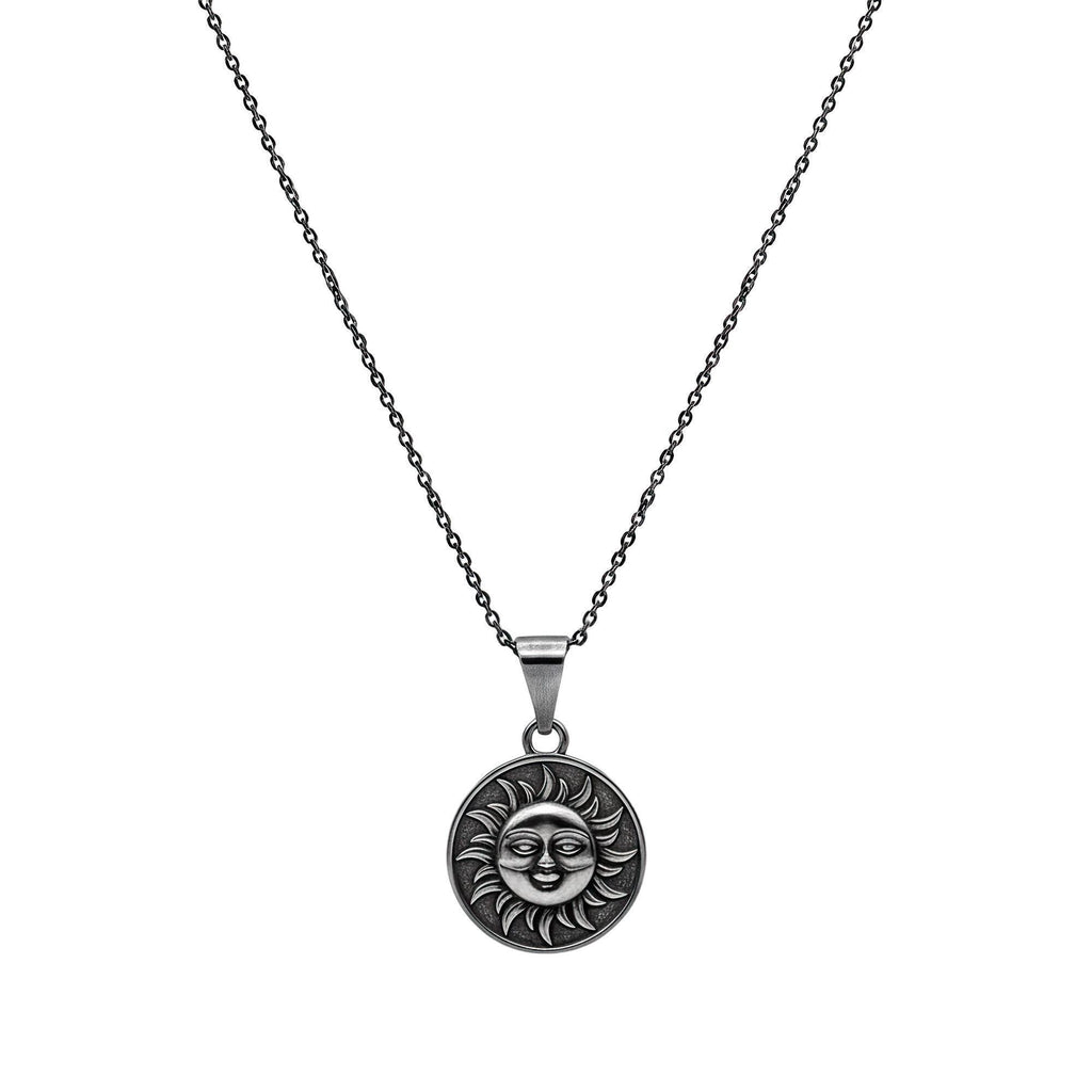Smiling Sun Necklace side view, pendant and chain detail