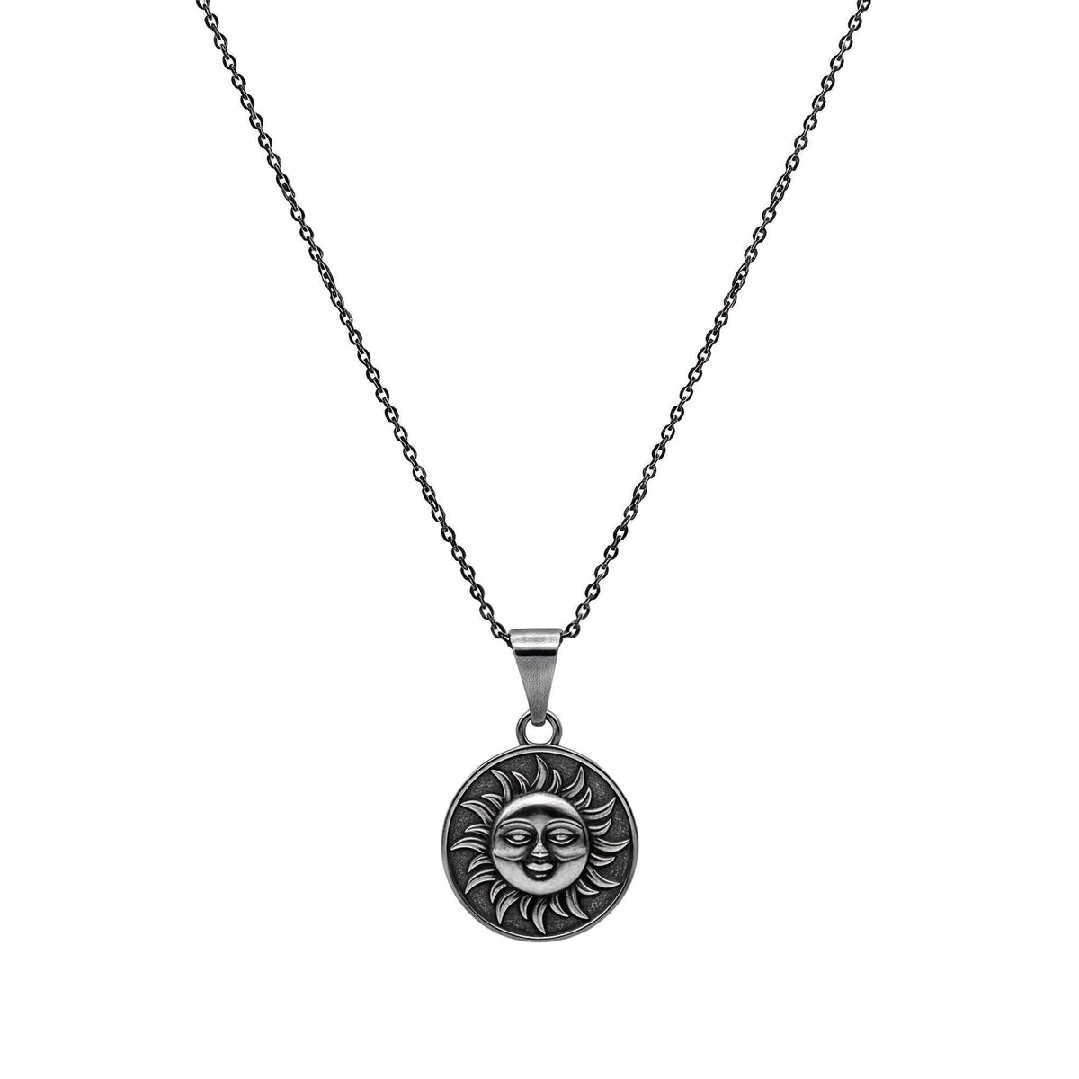 Smiling Sun Necklace side view, pendant and chain detail